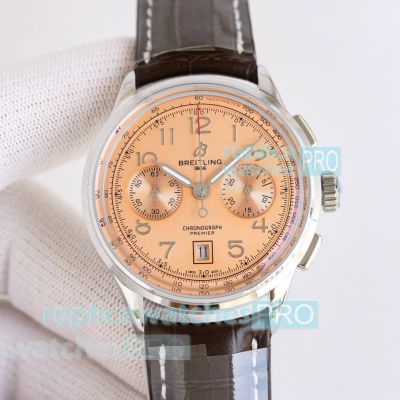 BLS Factory Swiss Clone Breitling Premier Salmon Dial Leather Strap Watch 